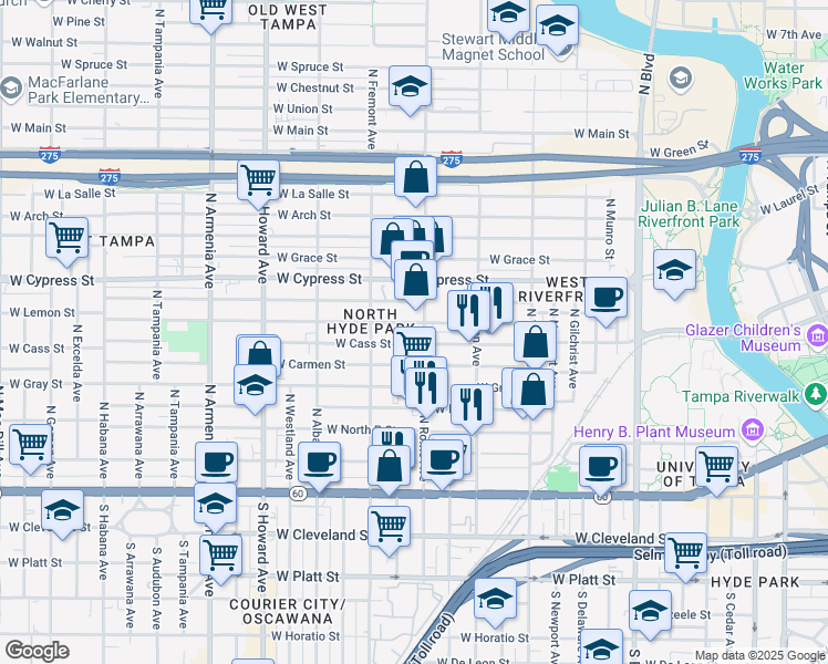 map of restaurants, bars, coffee shops, grocery stores, and more near 1707 West Carmen Street in Tampa