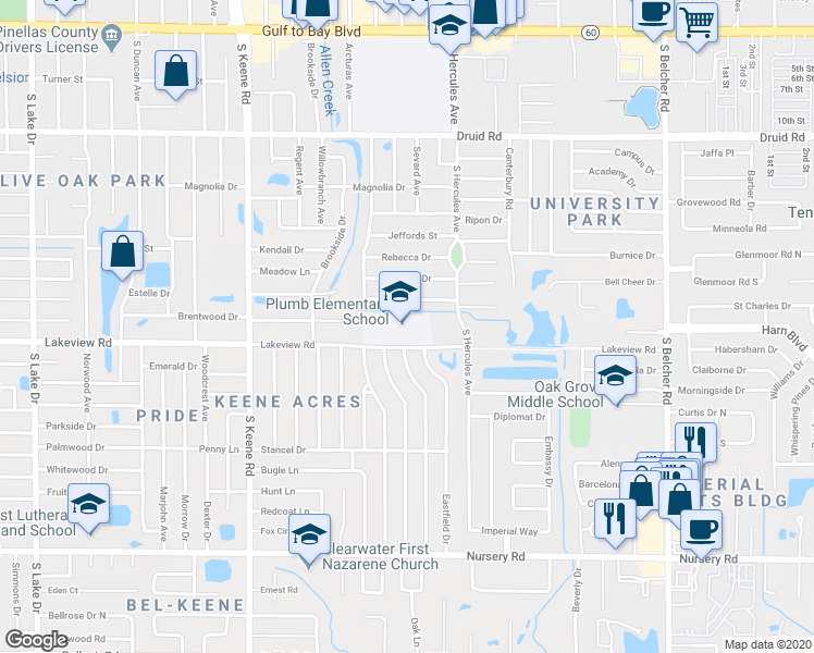 map of restaurants, bars, coffee shops, grocery stores, and more near 1920 Lakeview Road in Clearwater