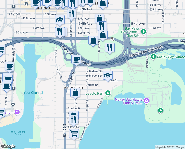 map of restaurants, bars, coffee shops, grocery stores, and more near 2402 Durham Street in Tampa