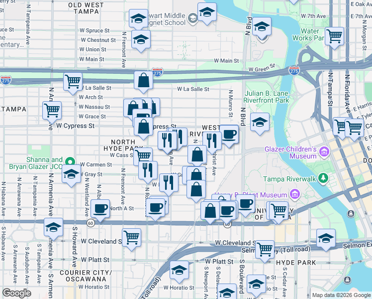 map of restaurants, bars, coffee shops, grocery stores, and more near 1306 West State Street in Tampa