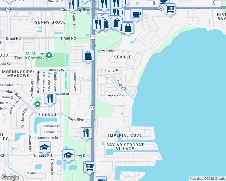 map of restaurants, bars, coffee shops, grocery stores, and more near 2631 Japonica Drive in Clearwater