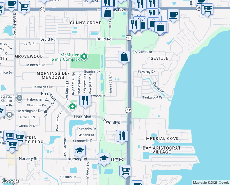 map of restaurants, bars, coffee shops, grocery stores, and more near 1261 Caracas Avenue in Clearwater