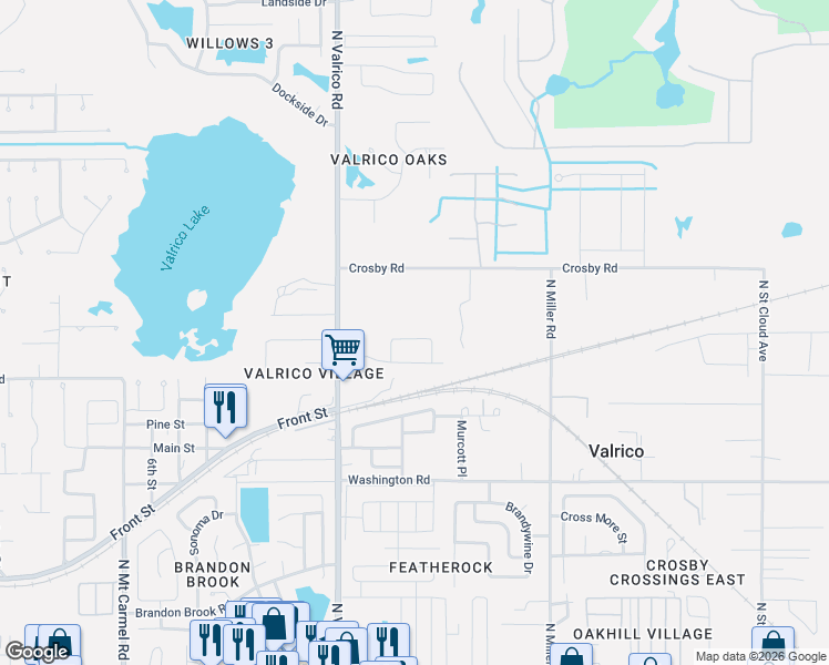map of restaurants, bars, coffee shops, grocery stores, and more near 718 Valrico Hills Lane in Valrico
