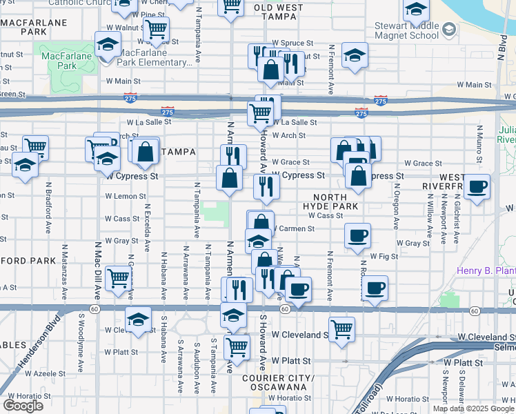 map of restaurants, bars, coffee shops, grocery stores, and more near 2316 West Lemon Street in Tampa