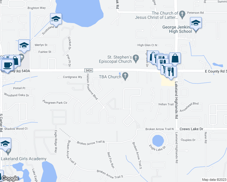 map of restaurants, bars, coffee shops, grocery stores, and more near 6314 Hickory Leaf Place in Lakeland