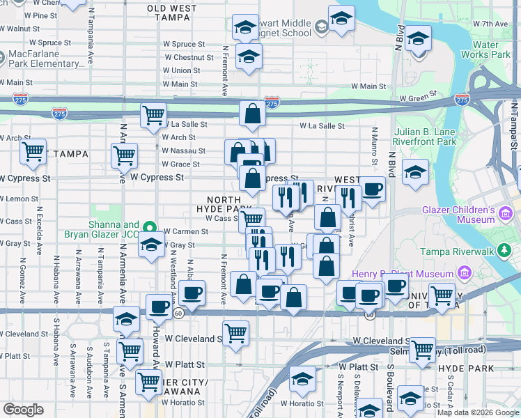 map of restaurants, bars, coffee shops, grocery stores, and more near 1531 West Lemon Street in Tampa