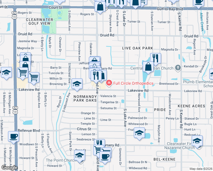 map of restaurants, bars, coffee shops, grocery stores, and more near 1524 Lakeview Road in Clearwater