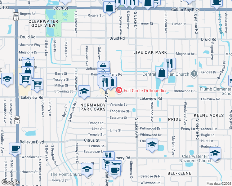 map of restaurants, bars, coffee shops, grocery stores, and more near 1269 South Highland Avenue in Clearwater