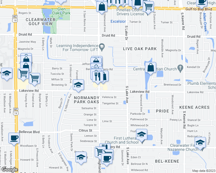 map of restaurants, bars, coffee shops, grocery stores, and more near 1269 South Highland Avenue in Clearwater