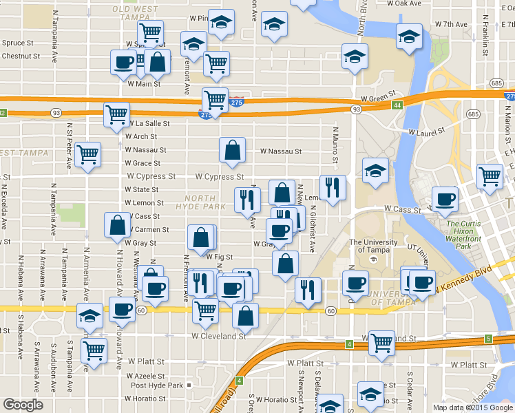 map of restaurants, bars, coffee shops, grocery stores, and more near 807 North Oregon Avenue in Tampa
