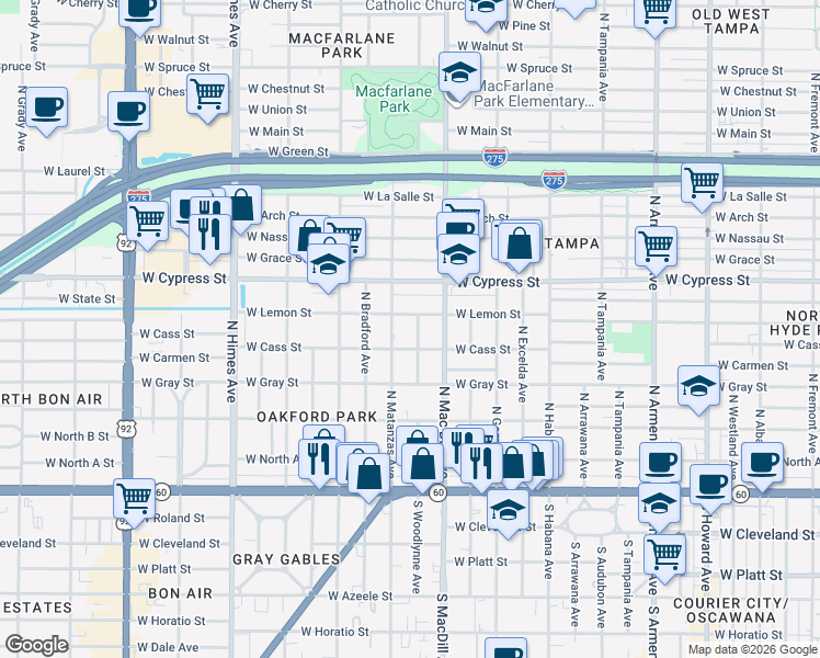 map of restaurants, bars, coffee shops, grocery stores, and more near 3105 West Lemon Street in Tampa