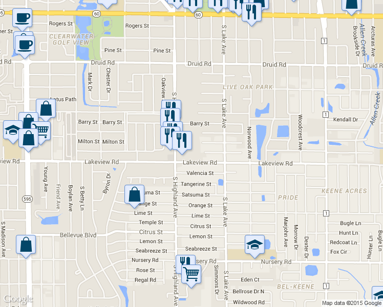 map of restaurants, bars, coffee shops, grocery stores, and more near 1269 South Highland Avenue in Clearwater