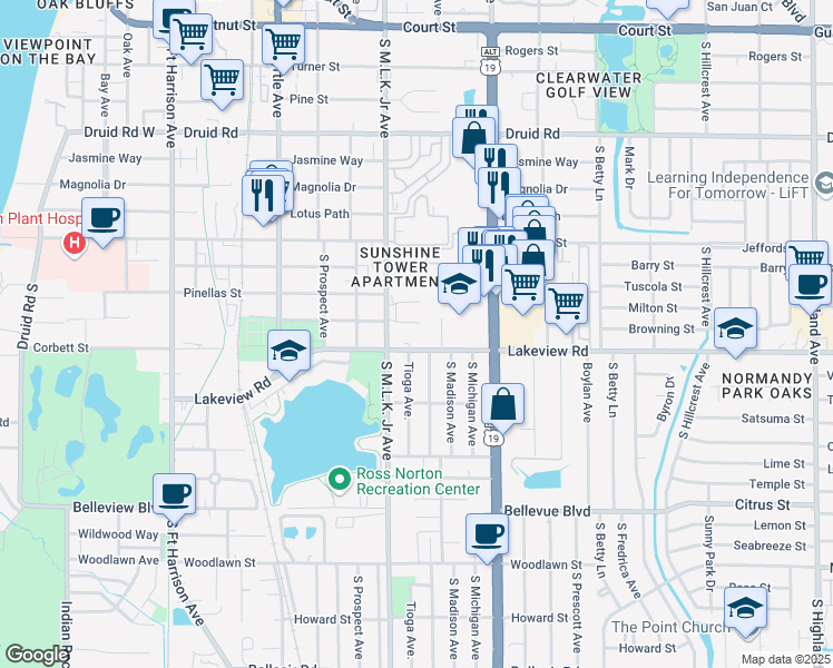 map of restaurants, bars, coffee shops, grocery stores, and more near 1102 Tuskawilla Drive in Clearwater