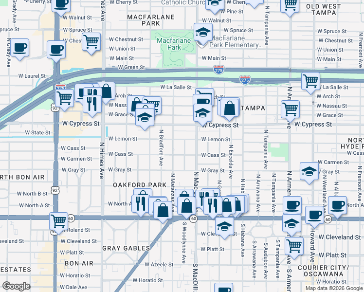 map of restaurants, bars, coffee shops, grocery stores, and more near 3105 West Lemon Street in Tampa