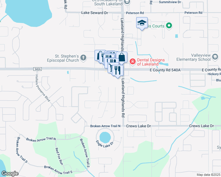 map of restaurants, bars, coffee shops, grocery stores, and more near 6304 Timucuans Drive in Lakeland