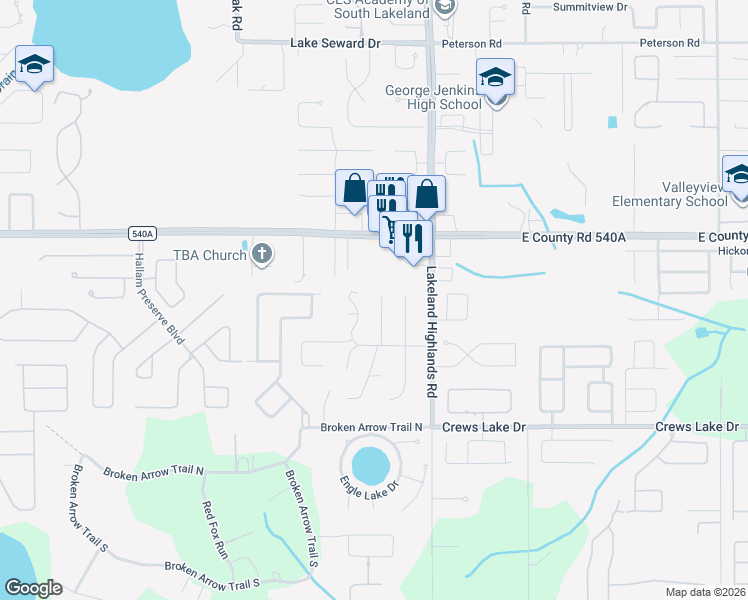 map of restaurants, bars, coffee shops, grocery stores, and more near 6304 Timucuans Drive in Lakeland