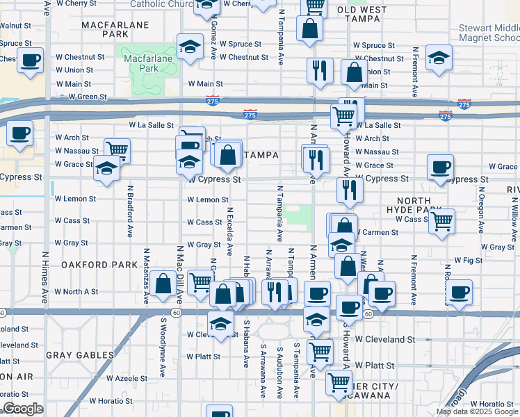 map of restaurants, bars, coffee shops, grocery stores, and more near 2509 West Lemon Street in Tampa