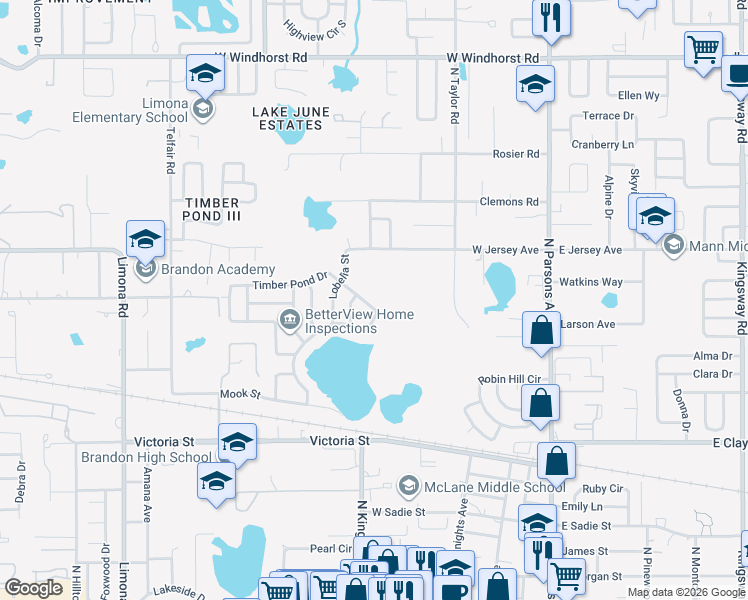 map of restaurants, bars, coffee shops, grocery stores, and more near 651 Timber Pond Drive in Brandon
