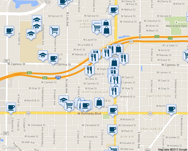map of restaurants, bars, coffee shops, grocery stores, and more near 3920 West Lemon Street in Tampa