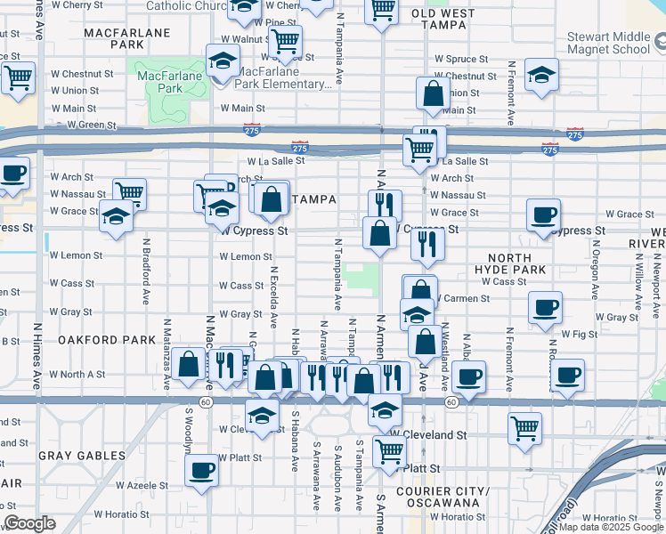 map of restaurants, bars, coffee shops, grocery stores, and more near 2504 West Lemon Street in Tampa