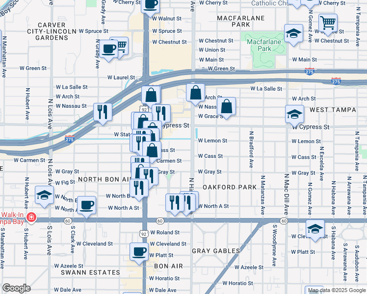 map of restaurants, bars, coffee shops, grocery stores, and more near 3609 West Cass Street in Tampa