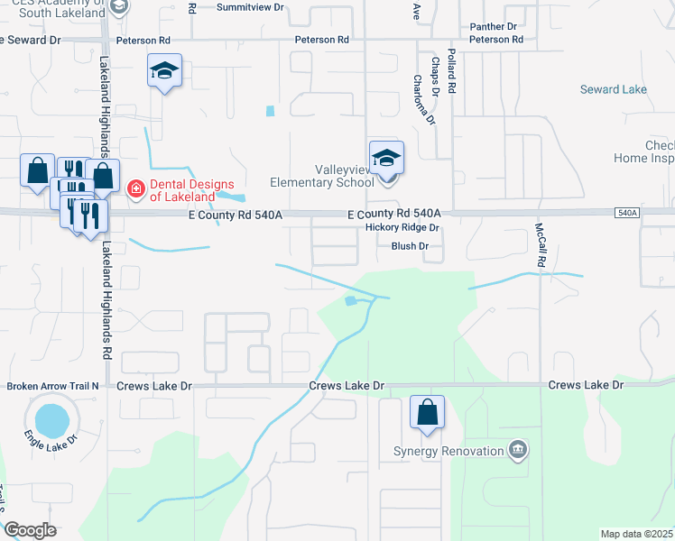 map of restaurants, bars, coffee shops, grocery stores, and more near 2701 Pine Brush Drive in Lakeland