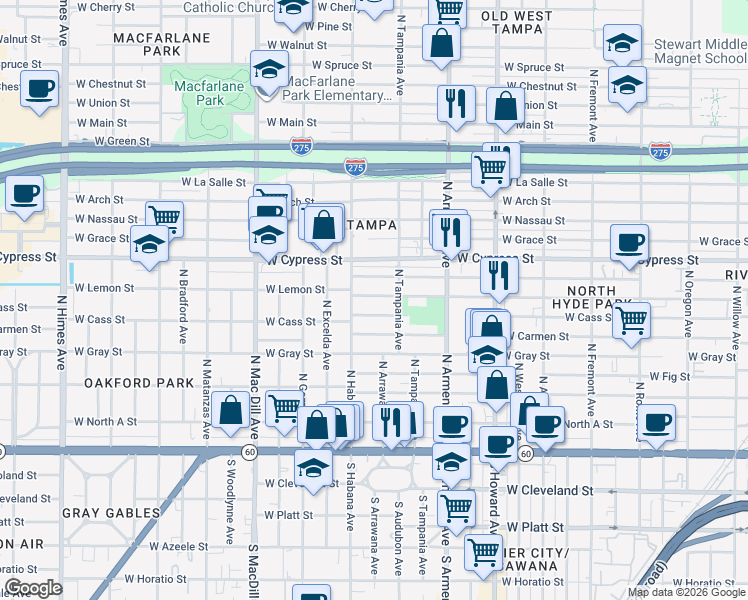 map of restaurants, bars, coffee shops, grocery stores, and more near 2509 West Lemon Street in Tampa