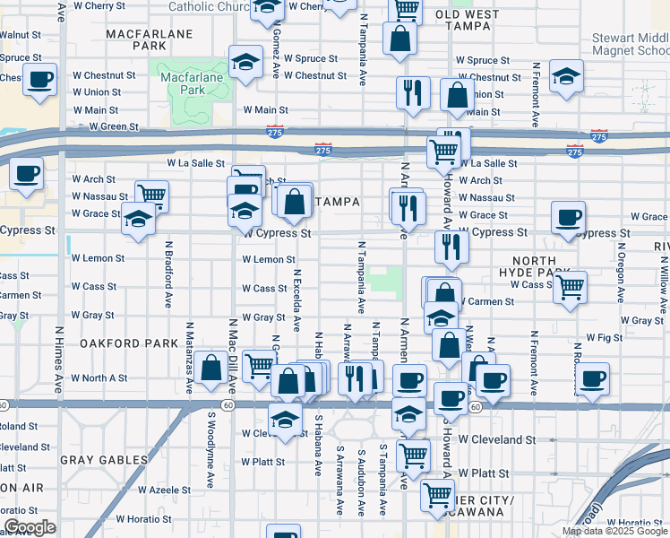 map of restaurants, bars, coffee shops, grocery stores, and more near 2509 West Lemon Street in Tampa