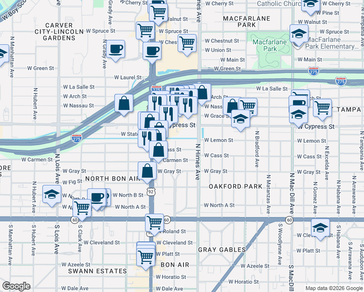 map of restaurants, bars, coffee shops, grocery stores, and more near 607 North Sterling Avenue in Tampa