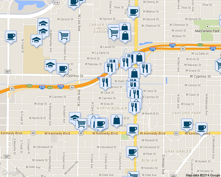map of restaurants, bars, coffee shops, grocery stores, and more near 3915 West Lemon Street in Tampa