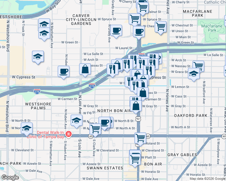 map of restaurants, bars, coffee shops, grocery stores, and more near 3920 West Lemon Street in Tampa