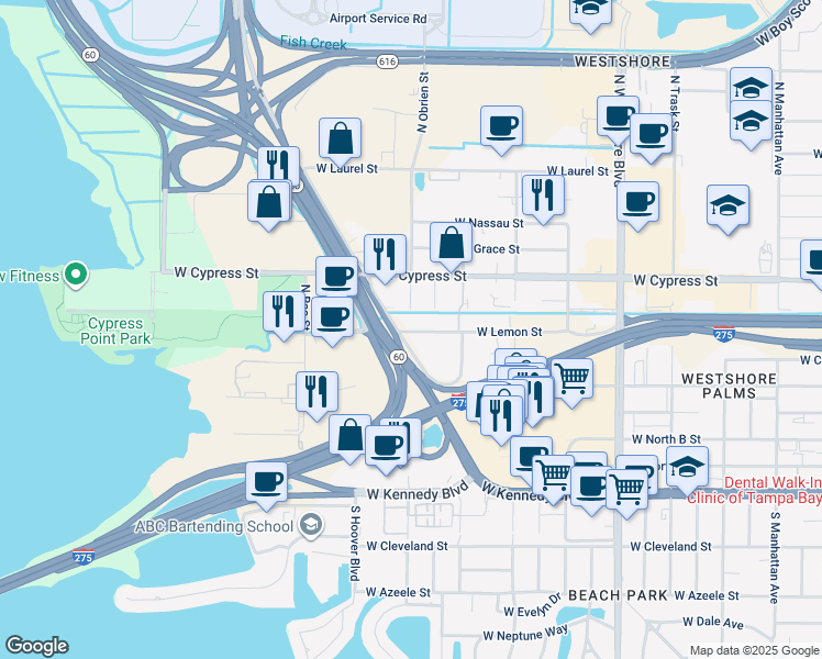 map of restaurants, bars, coffee shops, grocery stores, and more near Interstate 275 W Frontage Road in Tampa