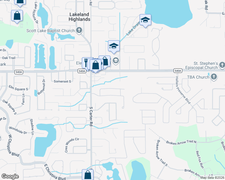 map of restaurants, bars, coffee shops, grocery stores, and more near 1145 County Road 540A in Lakeland