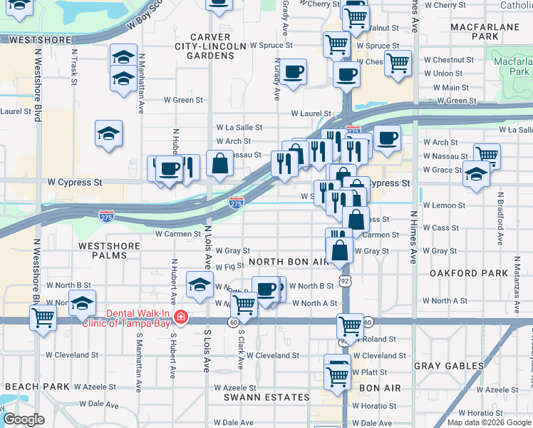 map of restaurants, bars, coffee shops, grocery stores, and more near 4008 West Lemon Street in Tampa