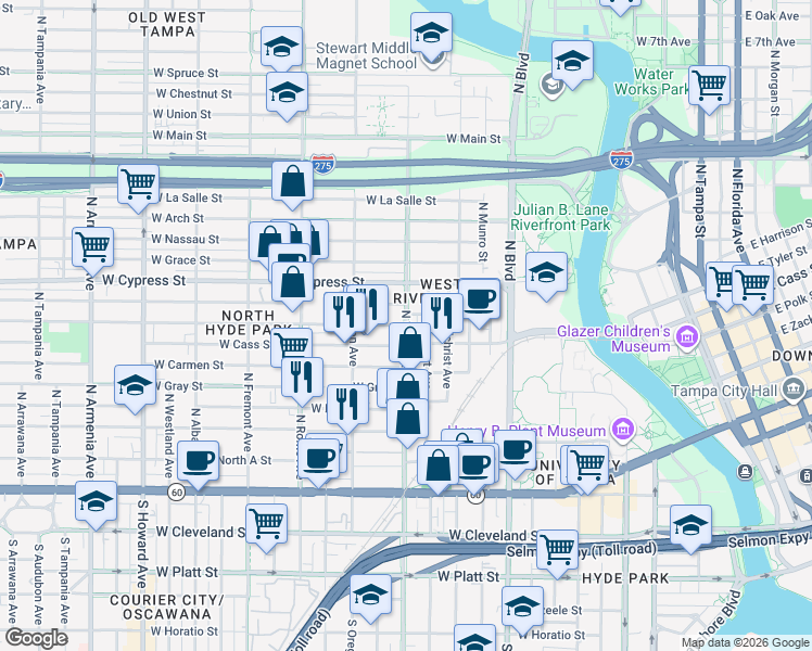 map of restaurants, bars, coffee shops, grocery stores, and more near 1007 West Lemon Street in Tampa