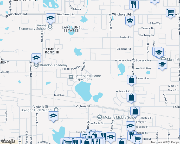 map of restaurants, bars, coffee shops, grocery stores, and more near 651 Timber Pond Drive in Brandon