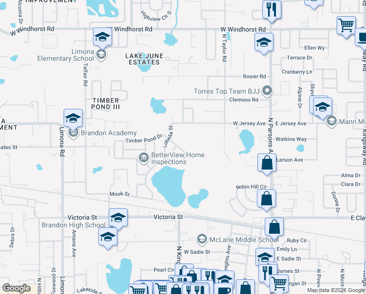 map of restaurants, bars, coffee shops, grocery stores, and more near 653 Timber Pond Drive in Brandon