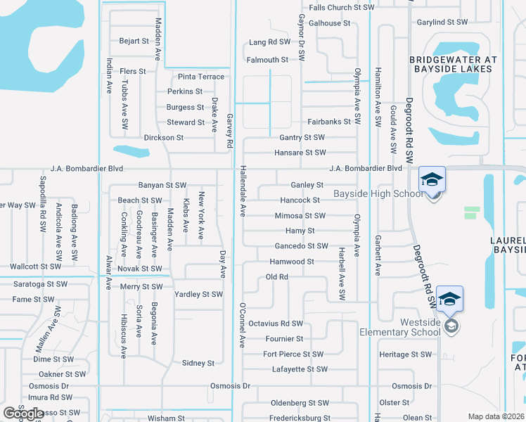 map of restaurants, bars, coffee shops, grocery stores, and more near 566 Hancock Street in Palm Bay