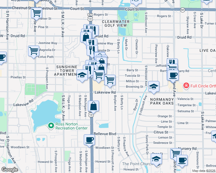 map of restaurants, bars, coffee shops, grocery stores, and more near 1281 South Lincoln Avenue in Clearwater