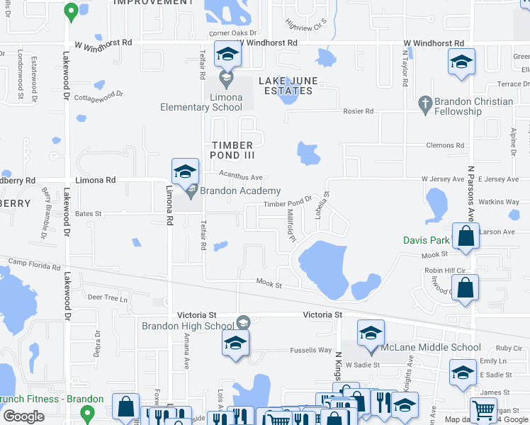 map of restaurants, bars, coffee shops, grocery stores, and more near 1014 Mallow Way in Brandon