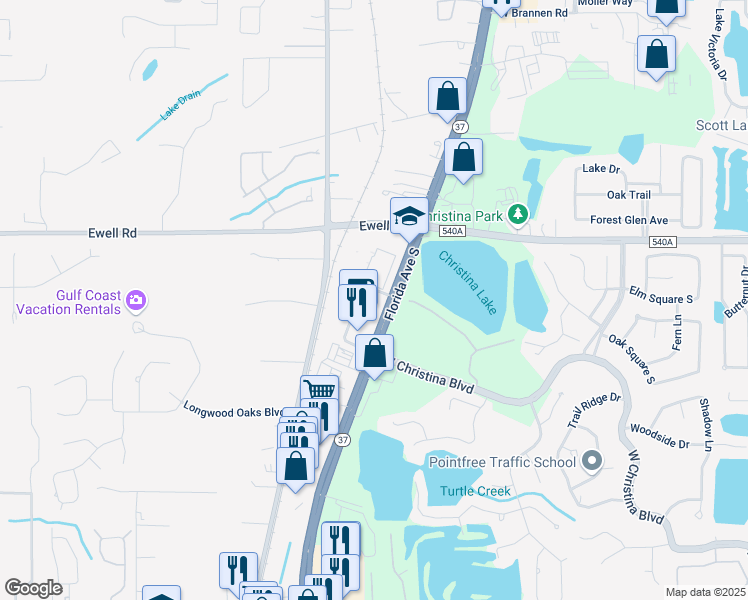 map of restaurants, bars, coffee shops, grocery stores, and more near 6405 Florida Avenue South in Lakeland