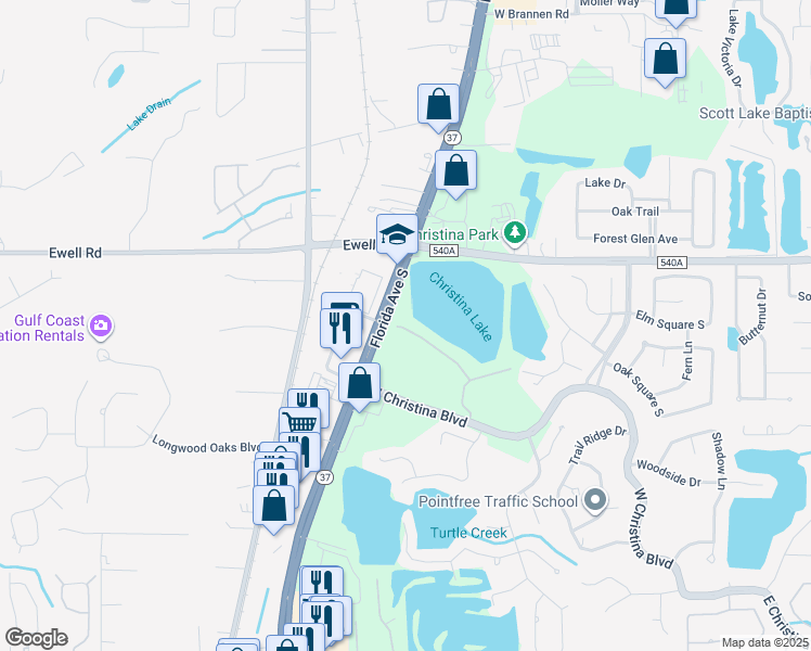map of restaurants, bars, coffee shops, grocery stores, and more near 755 Christina Lake Drive in Lakeland