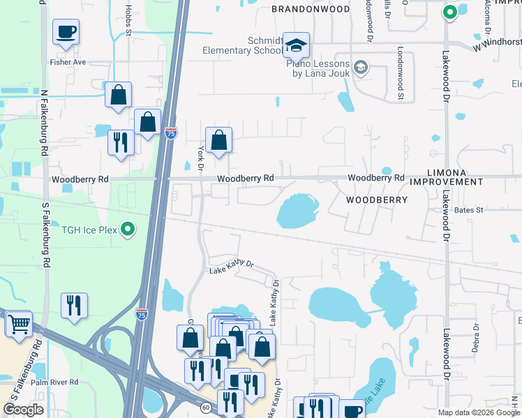 map of restaurants, bars, coffee shops, grocery stores, and more near 2443 Lake Woodberry Circle in Brandon
