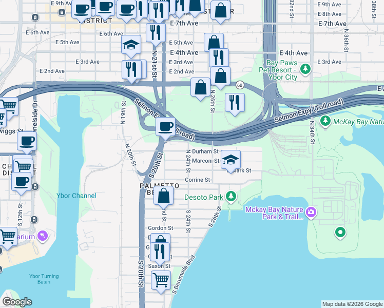 map of restaurants, bars, coffee shops, grocery stores, and more near 2402 Durham Street in Tampa