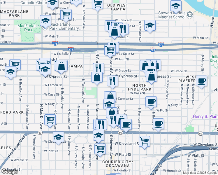 map of restaurants, bars, coffee shops, grocery stores, and more near 2316 West Lemon Street in Tampa