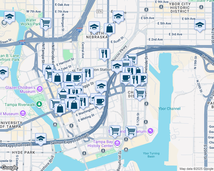 map of restaurants, bars, coffee shops, grocery stores, and more near 901 East Twiggs Street in Tampa