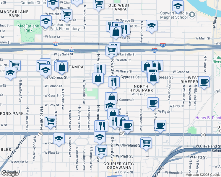 map of restaurants, bars, coffee shops, grocery stores, and more near 808 North Howard Avenue in Tampa