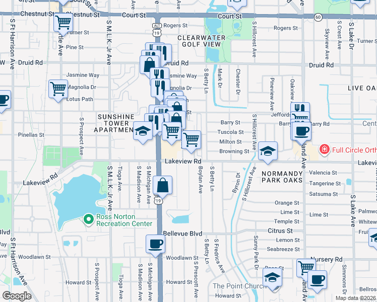 map of restaurants, bars, coffee shops, grocery stores, and more near 1281 South Lincoln Avenue in Clearwater