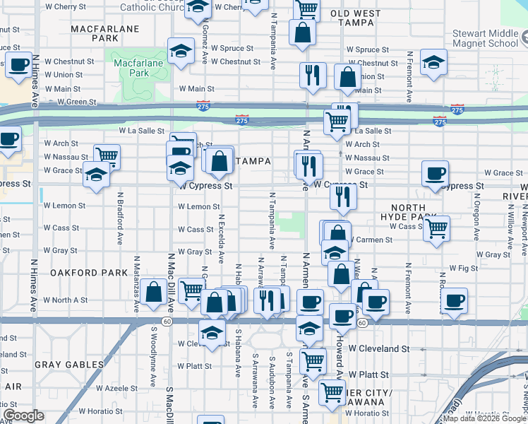 map of restaurants, bars, coffee shops, grocery stores, and more near 2509 West Lemon Street in Tampa