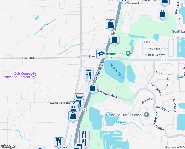 map of restaurants, bars, coffee shops, grocery stores, and more near 6405 Florida Avenue South in Lakeland